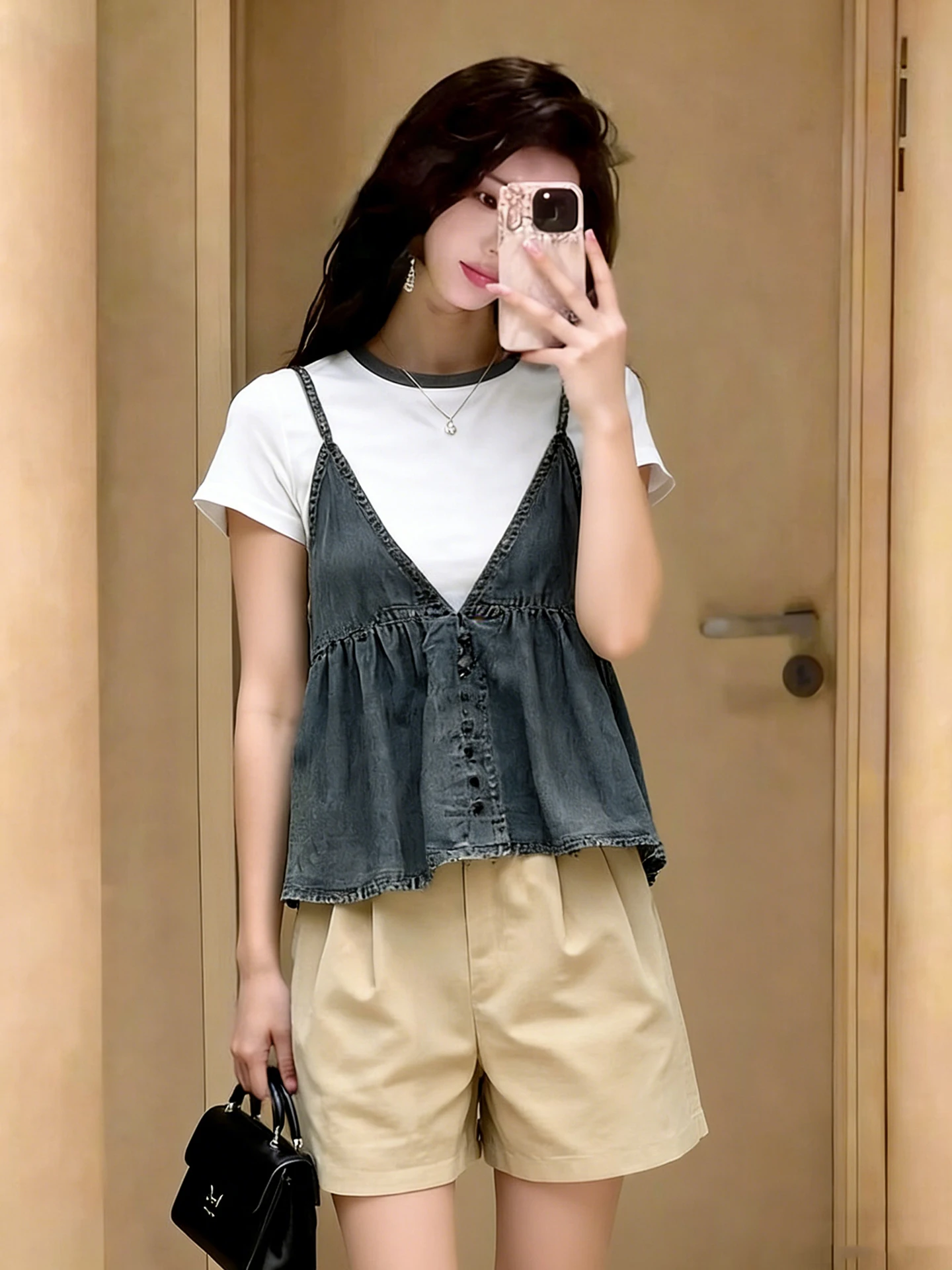 

Fashionable Denim Halter Vest Unique Design Commute Versatile Two-Piece Set Spring Summer Casual Loose Fit Short Sleeve T-Shirt