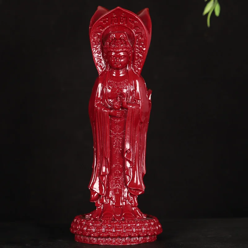 Cinnabar Nanhai Statue Three-Faced Bodhisattva Guanyin Figurine Worship Buddha Living Room Entrance Decoration O