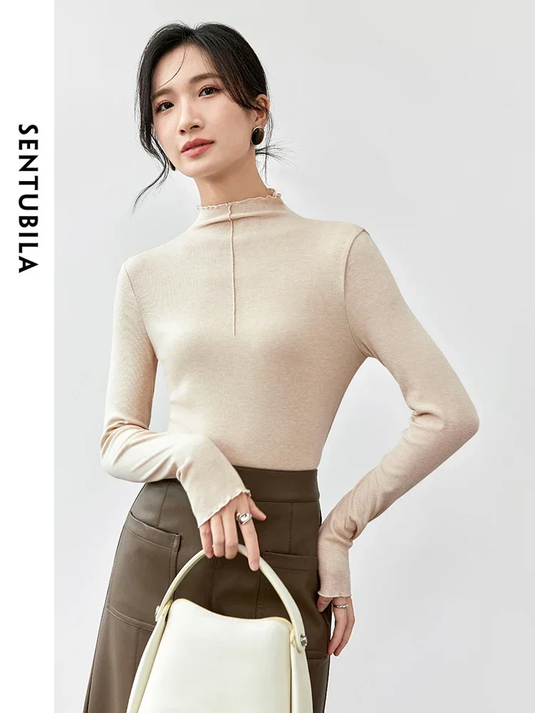 SENTUBILA Slim-fit Knitted T-shirt Women's 2025 Autumn Wave Half High Collar Long Sleeve Basic Comfort Women Tees 143S56756