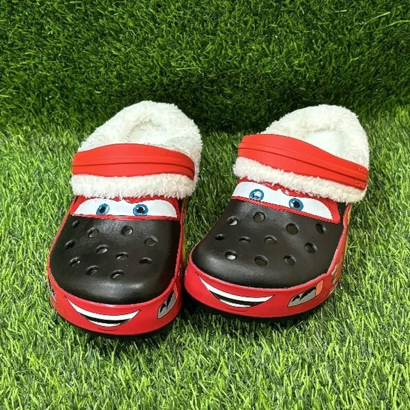 2024 Winter Disney Lightning McQueen Pixar Cartoon Hole Slippers with Cotton Cover Keep Warm Adult Home Fashion Casual Slippers