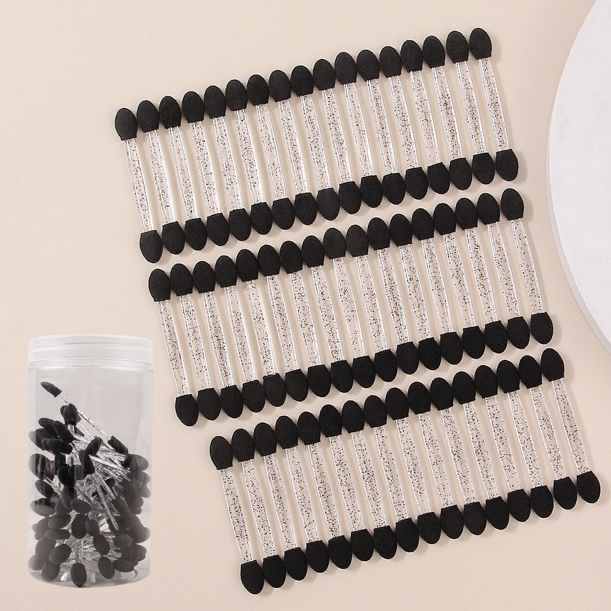 50PCS Double-Headed Sponge Eyeshadow Brush, Multi-Functional Applicator and Smudger +1PCS Transparent Storage Jar Makeup Tool