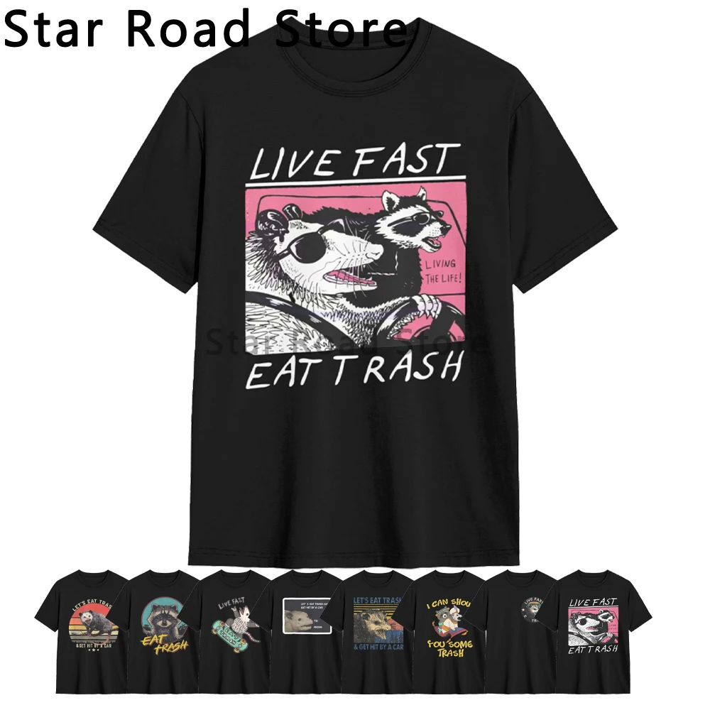 2026 New Arrival Hot Sell Sunset Raccoon Live Fast Eats Trash and Get Hit By A Cars Tee Men High Quality Cotton T Shirt