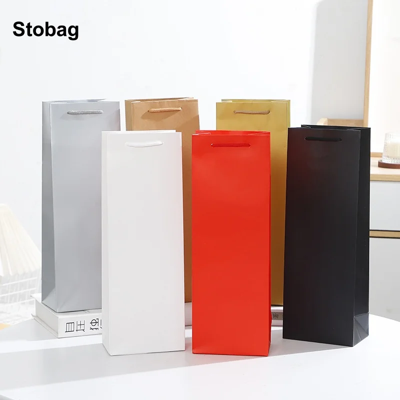 StoBag 12 Uds. Bolsa de regalo de papel Kraft de Color, caja de embalaje para flor, bolso de almacenamiento de vino tinto, bolsa gruesa, recuerdo de fiesta de cumpleaños