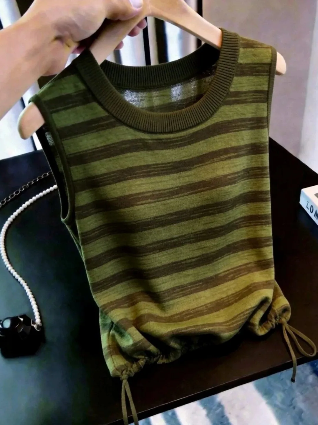 Korean Style Casual Striped Sleeveless Vest Women's Summer plus Size Fat MM Drawstring Waist Knitted Slimming Top