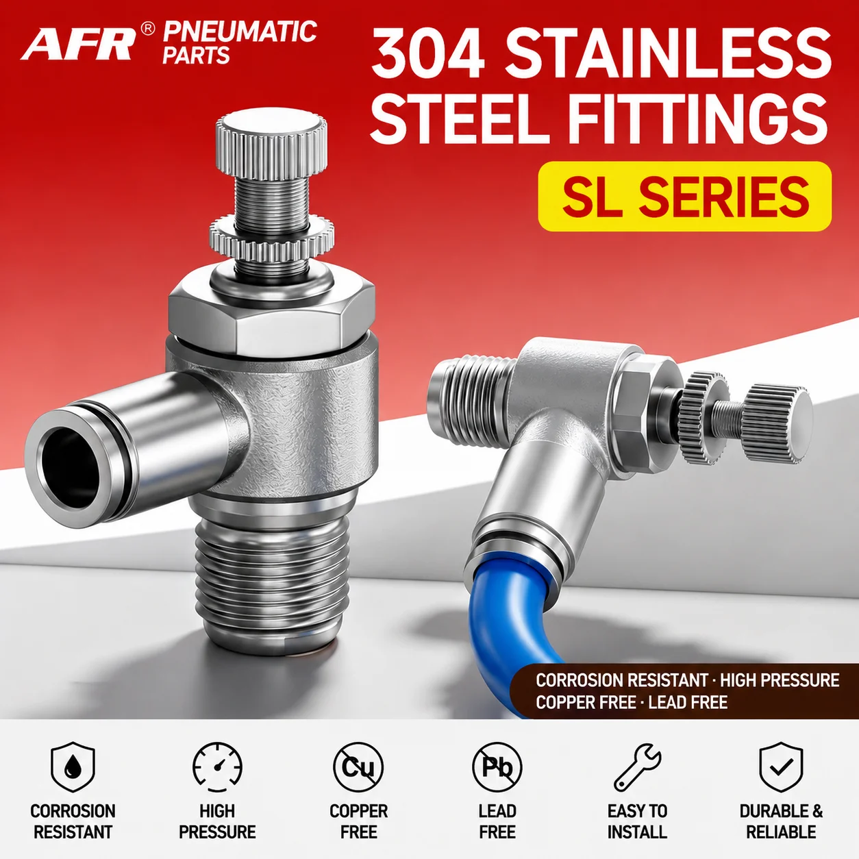 SL Series 304 Stainless Steel Pneumatic Flow Control Valve Push In Fitting Air Speed Controller Throttle Valve Tube Connector