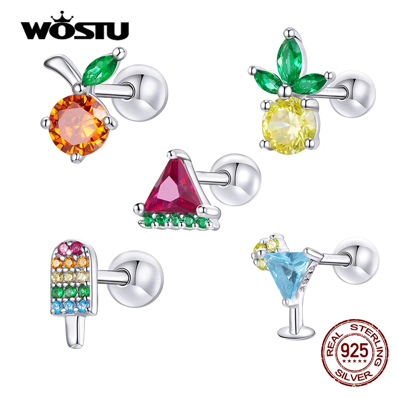 WOSTU 1 PCS Real 925 Sterling Silver Sweet Summer Stud Earrings Watermelon Ice cream Earrings For Women Fashion Silver Jewelry