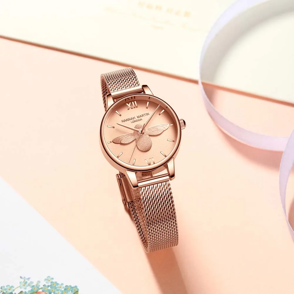 Hannah Martin Women's Watch 3D Little Bee Trendy Forest-Style Watch with Japanese Movement Women's Wristwatch Dress Gifts
