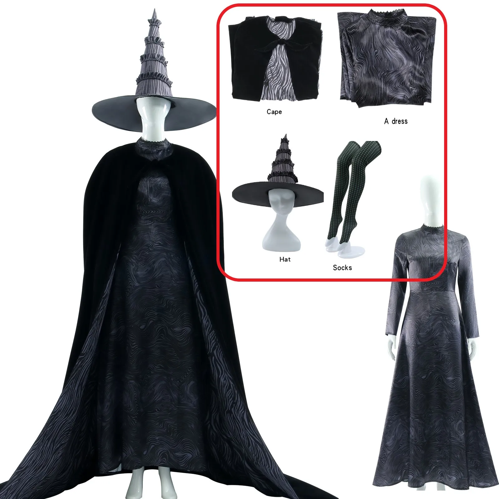 

Movie Wicked Cosplay Elphaba Cosplay Costume Black Witch Dress Cloak Hat Socks Uniform Set Halloween Party For Women