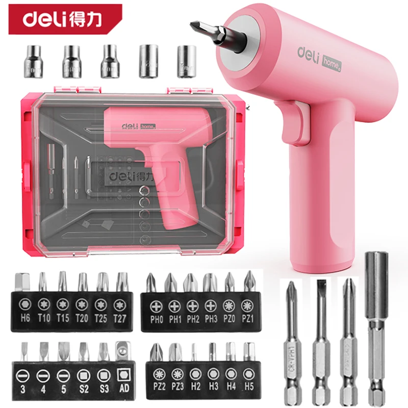 

DELI Pink Mini Electric Screwdriver set 33 PCS Cordless Electric Dril Multi-function Disassembly Torque Repair Tools Kit