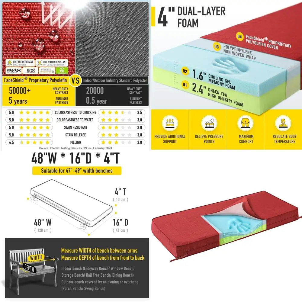 

Memory Foam Bench Cushion with Ties, Durable Water-Resistant Outdoor/Indoor Seat Pad, 48x16x4 Inches, Burgundy