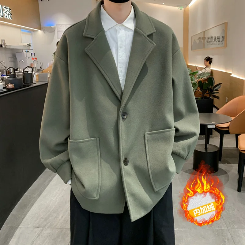 Men's Autumn and Winter Fashion Suit Collar Woollen Cloth Overcoat, Solid Color Casual Loose Thick Lapel Overcoat with Pockets