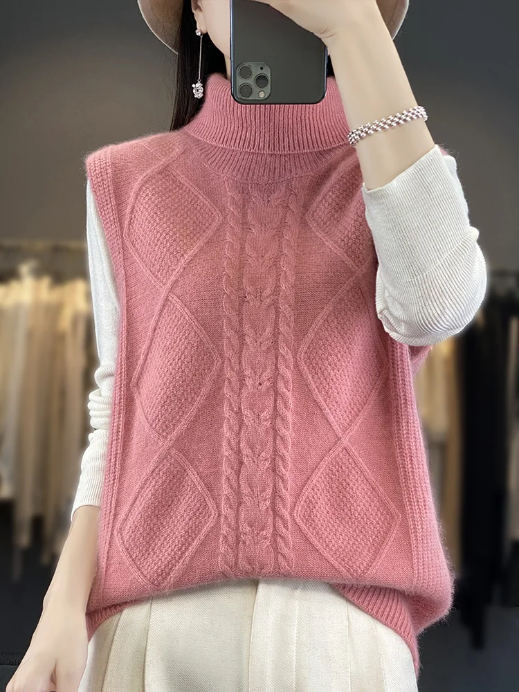 

Women100% Mink Cashmere Vest Sleeveless Sweater Spring Autumn Turn-down Collar Warm Tops Middle-Aged Knit waistcoat Loose outer