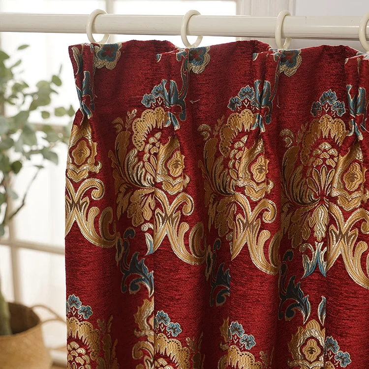 Custom European high villa elegant thick luxury chenille embroidered red cloth blackout curtain tulle valance drape M1731