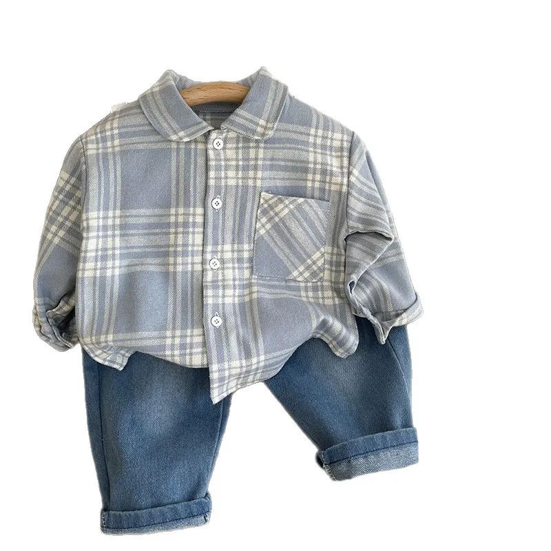 New Spring Autumn Baby Clothes Suit Children Boys Plaid Long Sleeved Shirt Pants 2Pcs/Sets Infant Clothing Set Kids Tracksuits