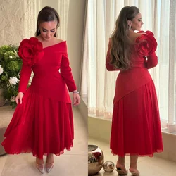 Customized Simple High Quality Jersey Handmade Flower Pleat Draped Ruched A-line Off-the-shoulder Midi Dresses Bespoke Occasion