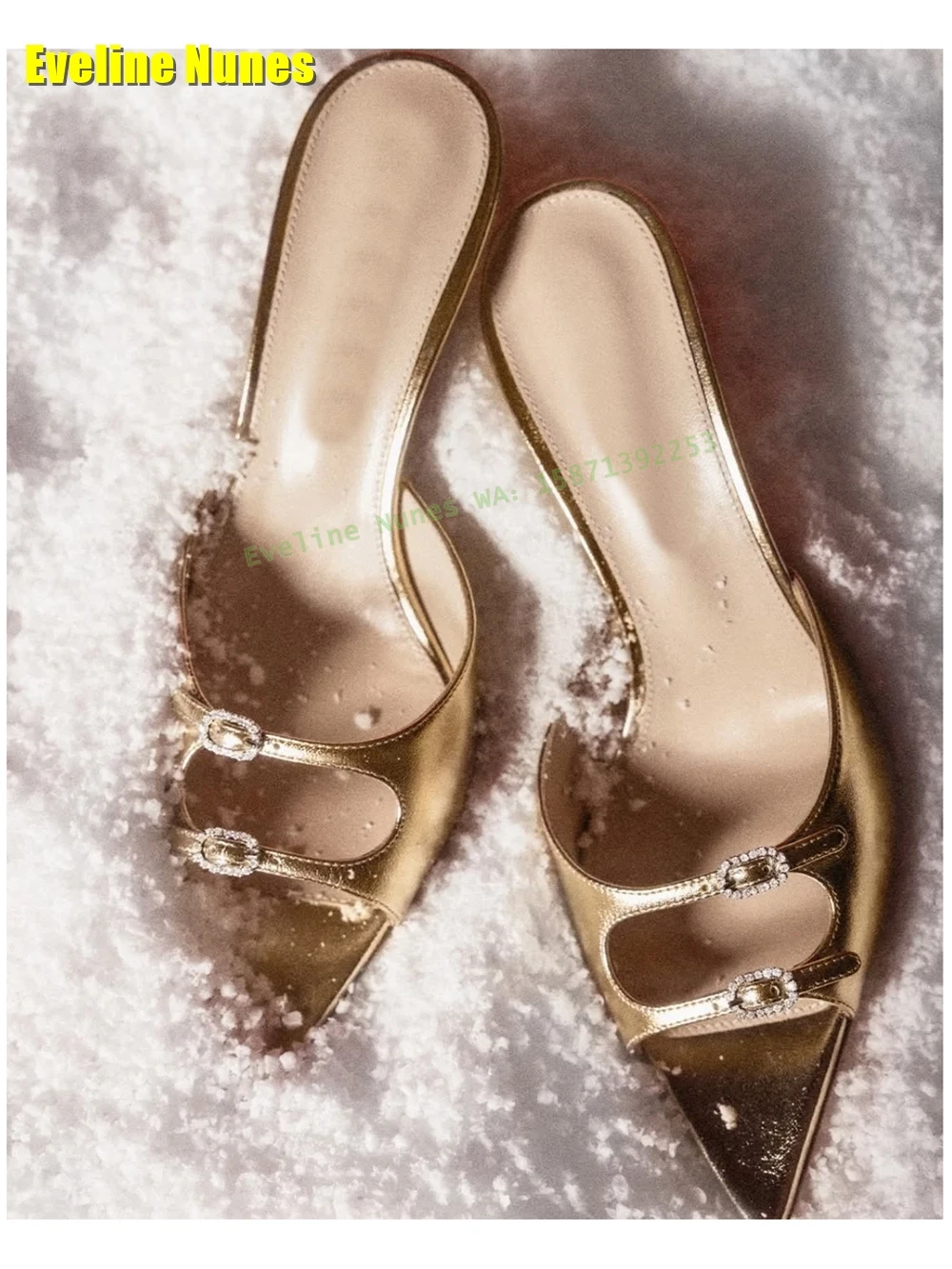 Rhinestone Buckle Peep Toe Sandals Pointed Toe Thin Heels Slip On Shallow Mixed Colors Women Slippers 2025 Summer Party Shoes