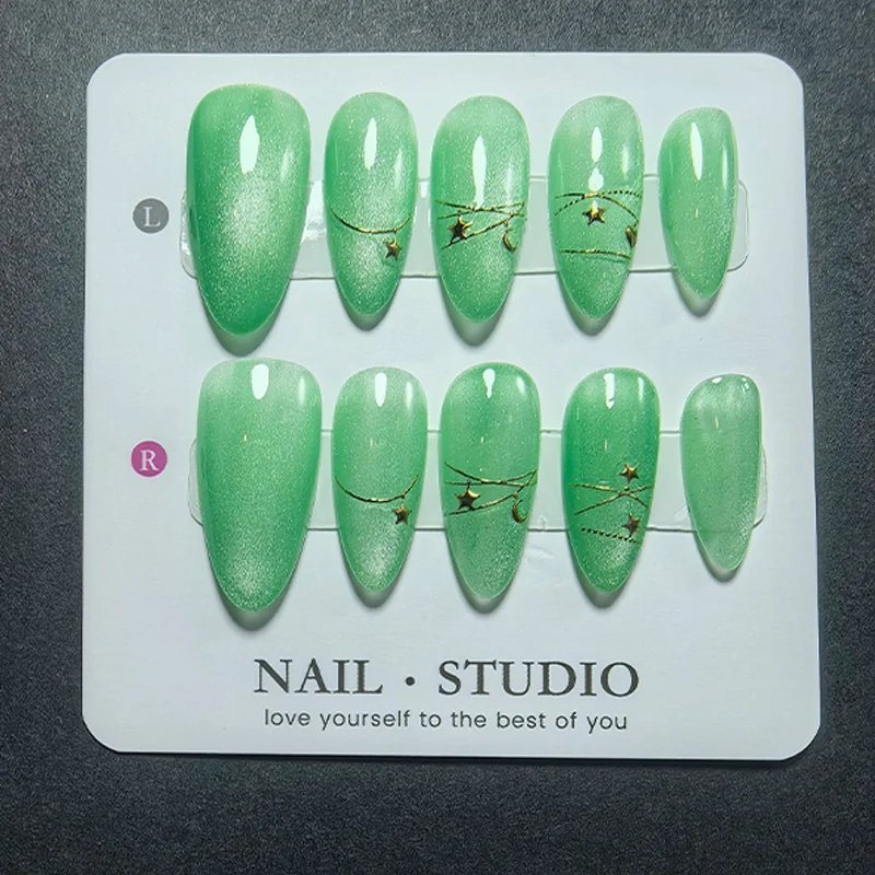 10Pcs Almond Cat Eye Press on Nails with Mirror Powder, Polka Dot Cherry Opal Design, Magnetic Chrome False Nails - view 2