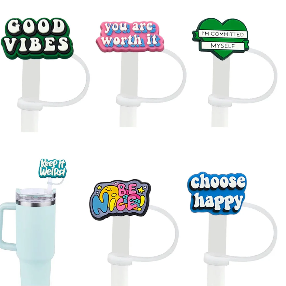 

English phrase series Straw Cover Cap 10MM Drink Straw Plug Reusable Splash Proof Drinking Fit Cup Straw Cap Charms Accessories