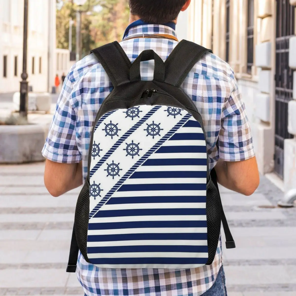Custom Nautical Wheel Navy Blue Stripes Laptop Backpack Women Men Fashion Bookbag for School College Students Bags