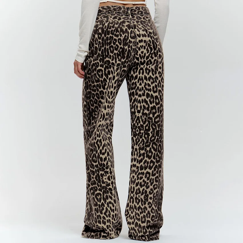 Vintage Leopard Print Loose Jeans Women Y2K Streetwear High Waisted Denim Wide Leg Pants Casual Korean Baggy Straight Trousers