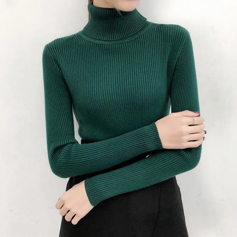 

ITOOLIN Women Casual Soft Cashmere Elastic Sweaters Turtleneck Slim Knit Pullovers For Women Solid Jumpers Autumn Winter