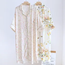 Cotton Short Sleeved Lapel Cardigan Spring Summer Loose Home Dress Casual Women Nightgowns New Printed Ladies Nightshirt