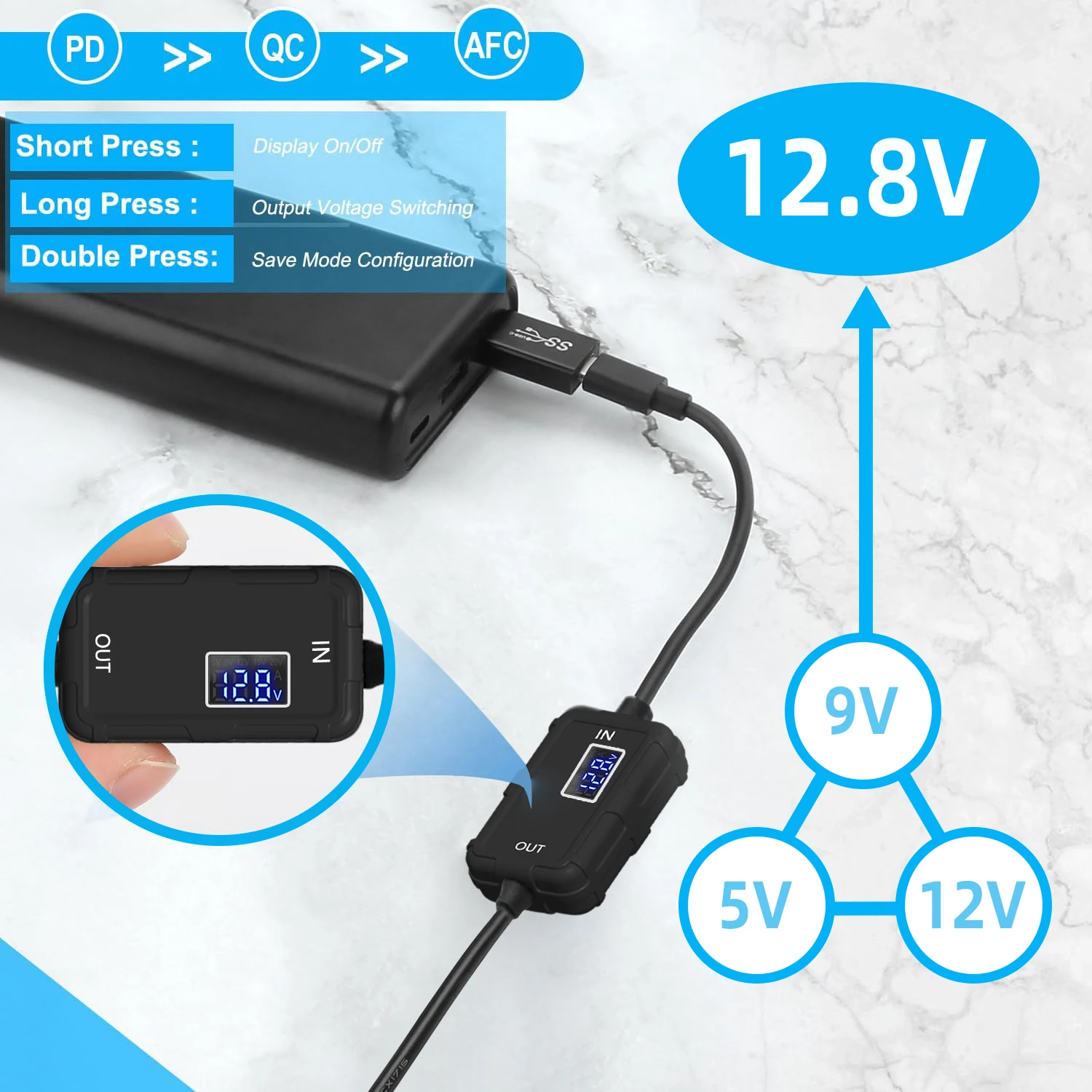Elough Type-C to Cigarette Lighter Female Socket 5V 12.8V Adjustable Voltage Converter Power Adapter PD Cable Extender