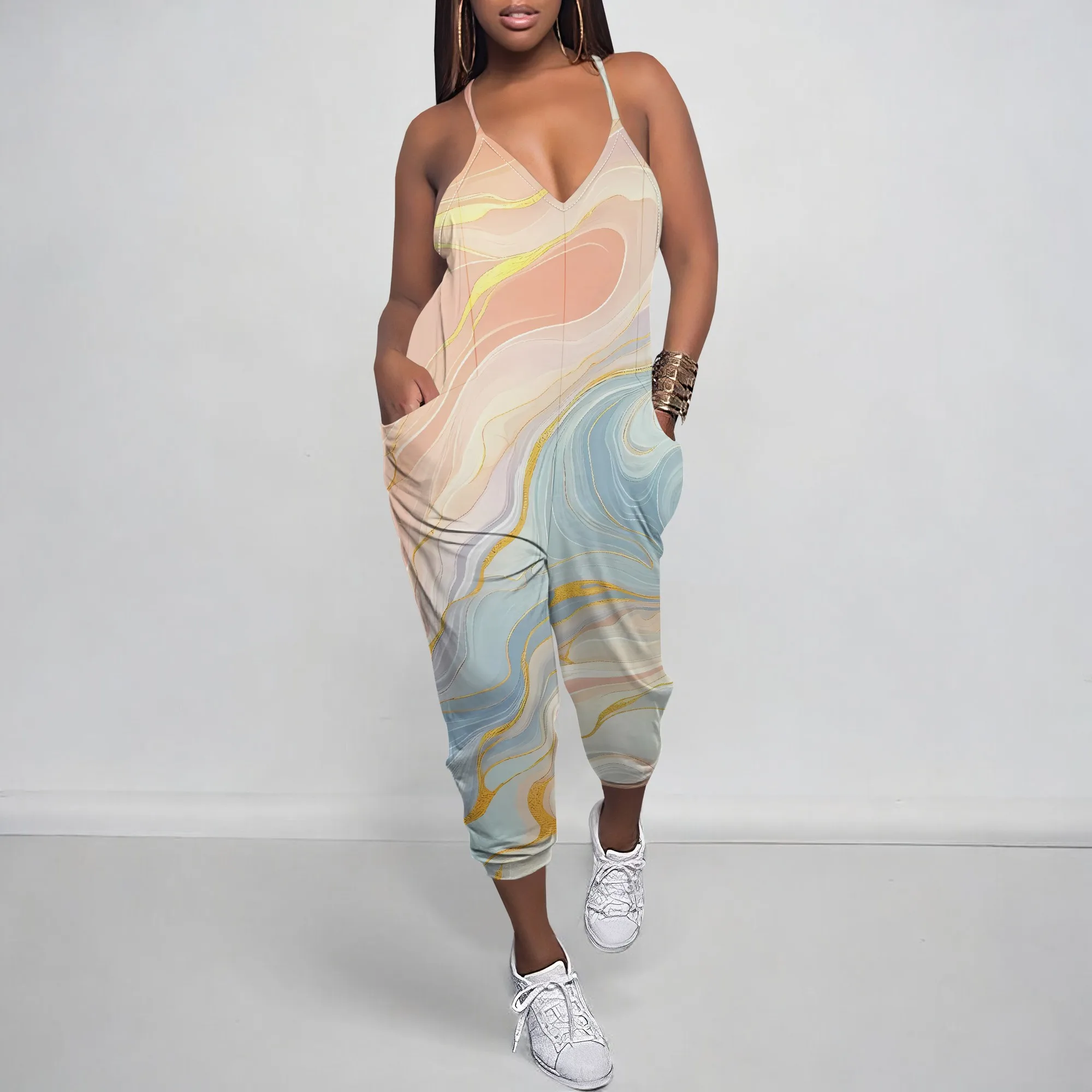 

Nupusa Abstract Wave Print Jumpsuit for Women Standard Size Summer Casual Spaghetti Strap Sleeveless Outfit