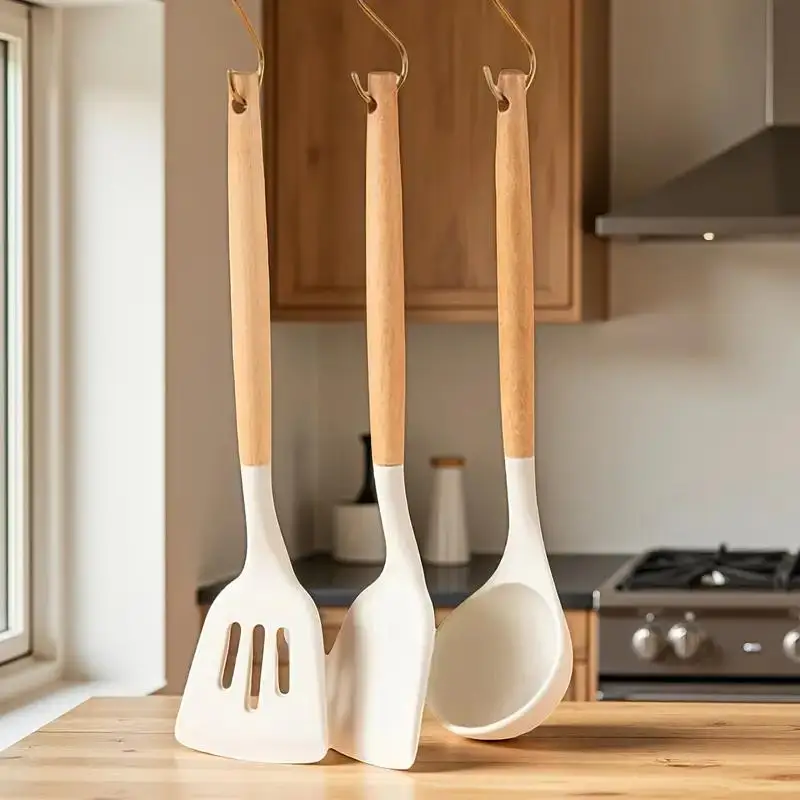 Wooden Handle Silicone Kitchen Utensils, Food-Grade High-Temperature Resistant Non-Stick Pan Spatula, Long-Handled Silicone Spatula for Stir-Frying and Frying Eggs, Household Kitchen Utensils - view 2