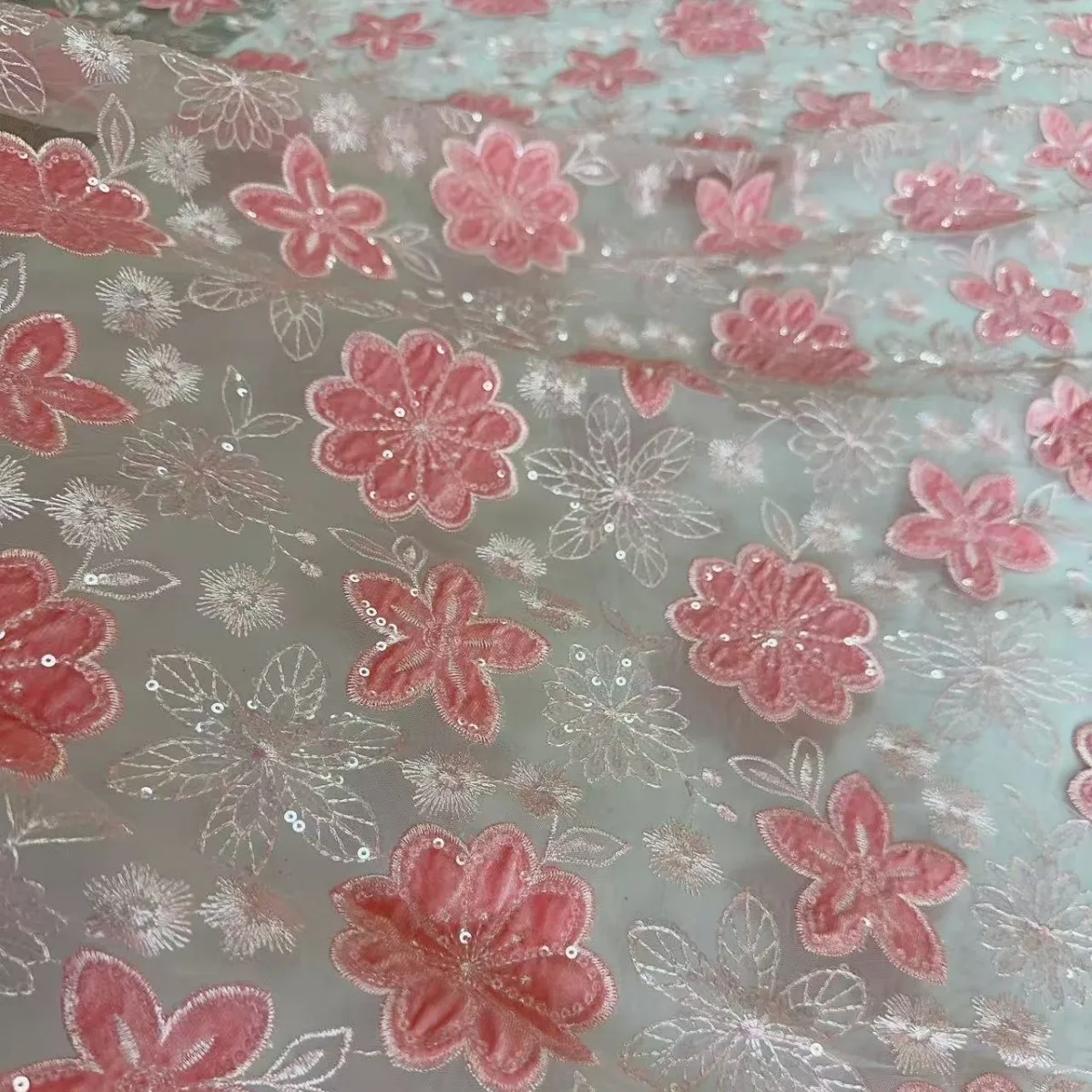 5 Yards Mesh Laser Flannel Sequined Flower Embroidered Cloth Dress Skirt Wedding Fabric
