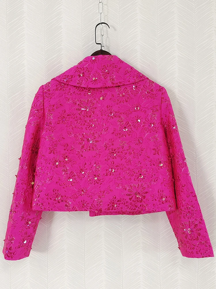 AELESEEN Designer Fashion Blazer Spring Summer Rose Red Elegant Sequined Beading Flower Jacquard High Street Coat For Women