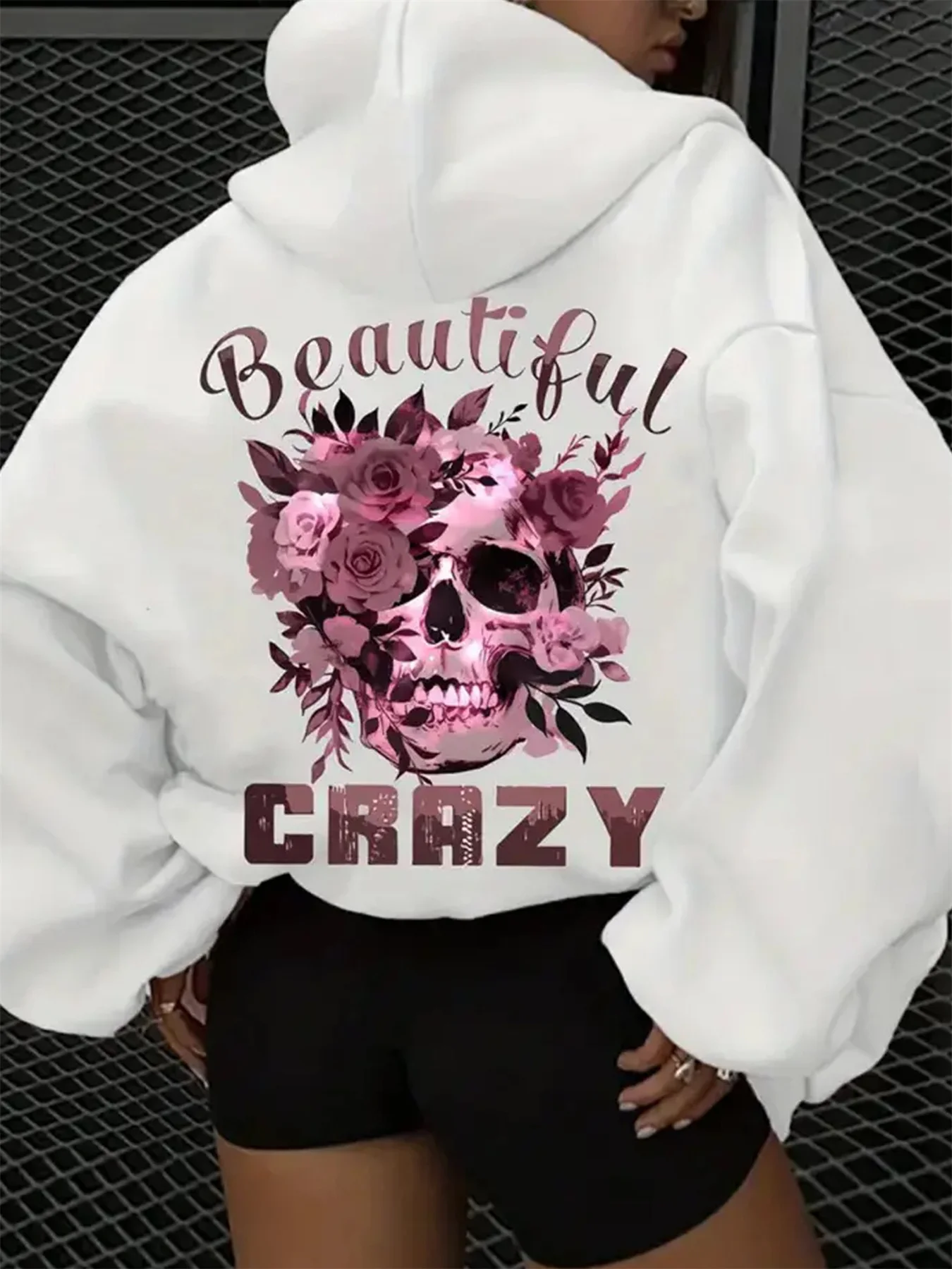 Women's autumn and winter casual hoodie with skull and floral print hooded drawstring round neck long sleeved warm pullover