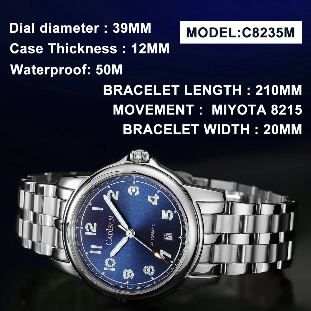 CADISEN 2024 New 39MM Men Automatic Mechanical Watches MIYOTA 8215 Sapphire Stainless Steel Clock Waterproof Watch for Men