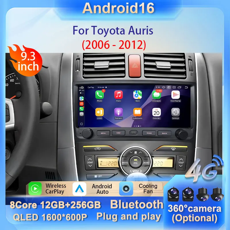 Android 16 für Toyota Auris 2006 - 2012 Autoradio Multimedia-Player Kabelloses Carplay Android Auto GPS Navi WIFI 4G Kein 2-DIN BT