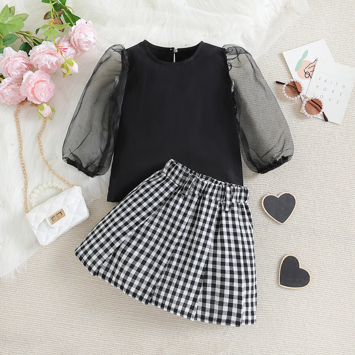 Baby girls party dress Children's clothing autumn new girls suit stylish mesh sleeve top plaid skirt children's two-piece suit