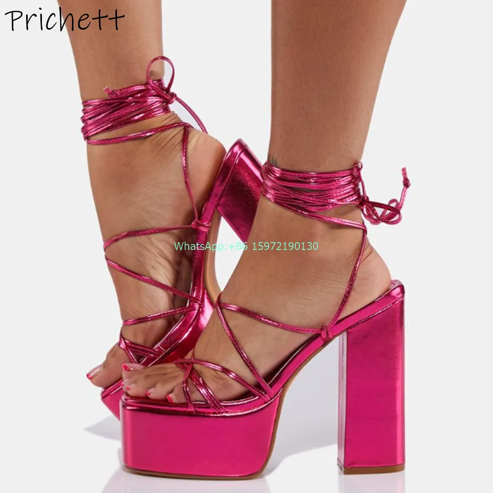 

Platform Ankle Strap Sandals Solid Round Toe Cross Tied Lace Up Chunky Heels Shoes Ladies Sexy Fashion Big Size Runway Shoes