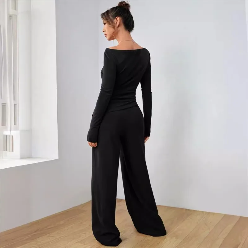 Women\'s Suit Solid Color Long Sleeve Casual Wide Leg Pants Fashion Two Piece Suit Home Clothing