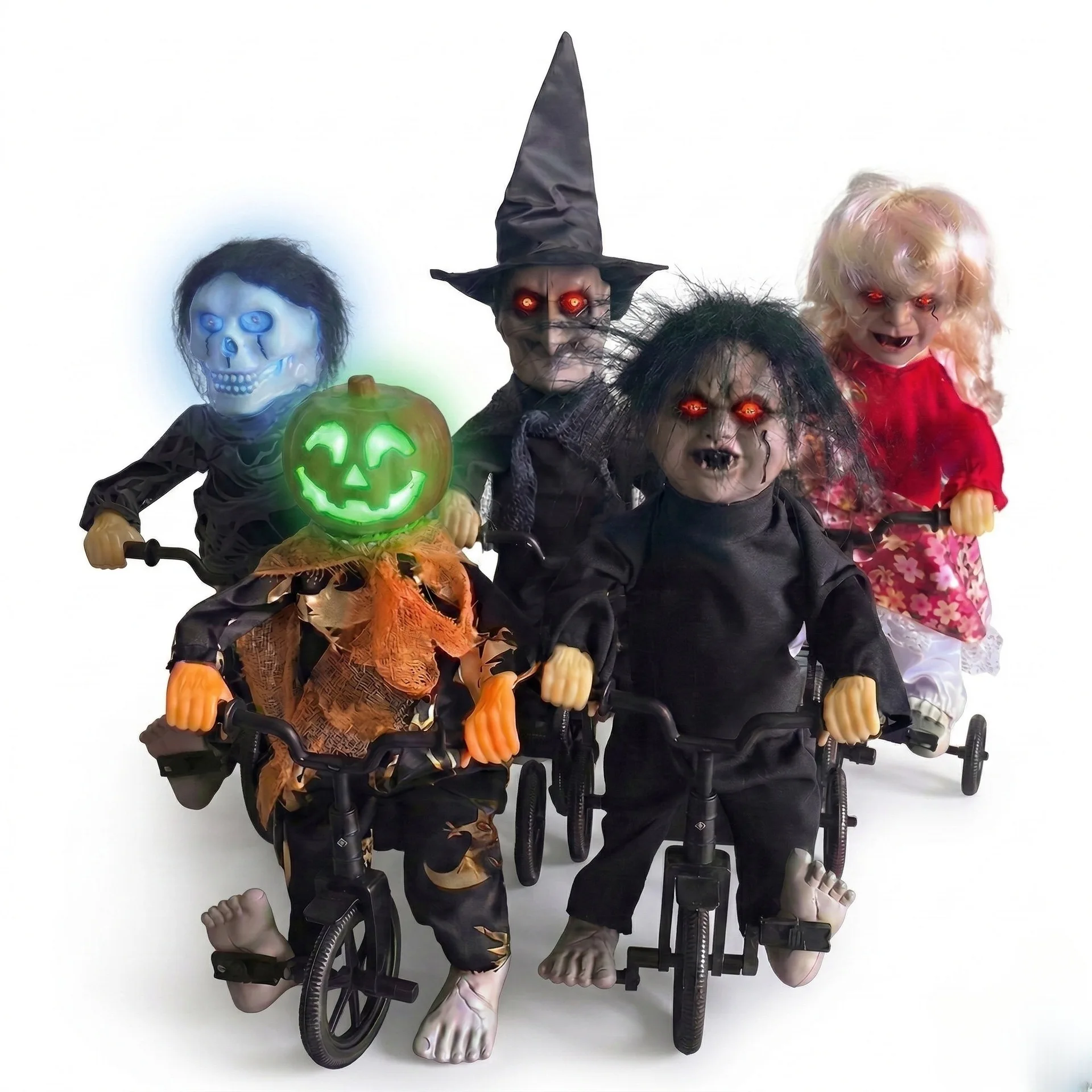 Trójkołowy rowerek z duchem na Halloween, rekwizyt, zabawka do jazdy aktywowana dźwiękiem, z podświetlanymi oczami i dźwiękami, dekoracja do nawiedzonego domu. — 2