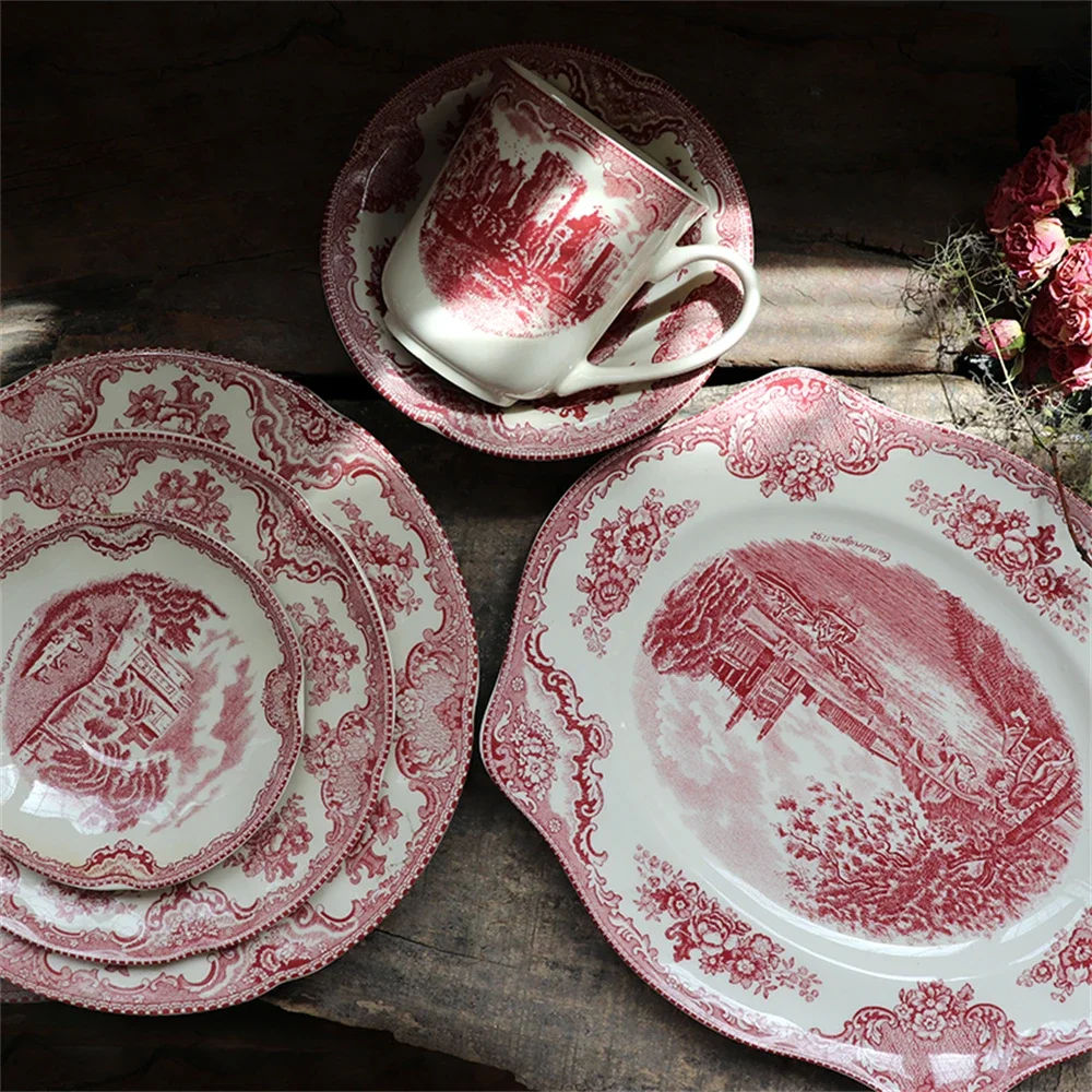 Household Western-style Ceramic Dinnerware Red Castle Plate Bowl Dessert Plate Teapot Sugar Bowl Dinner Set Kitchen Utensils