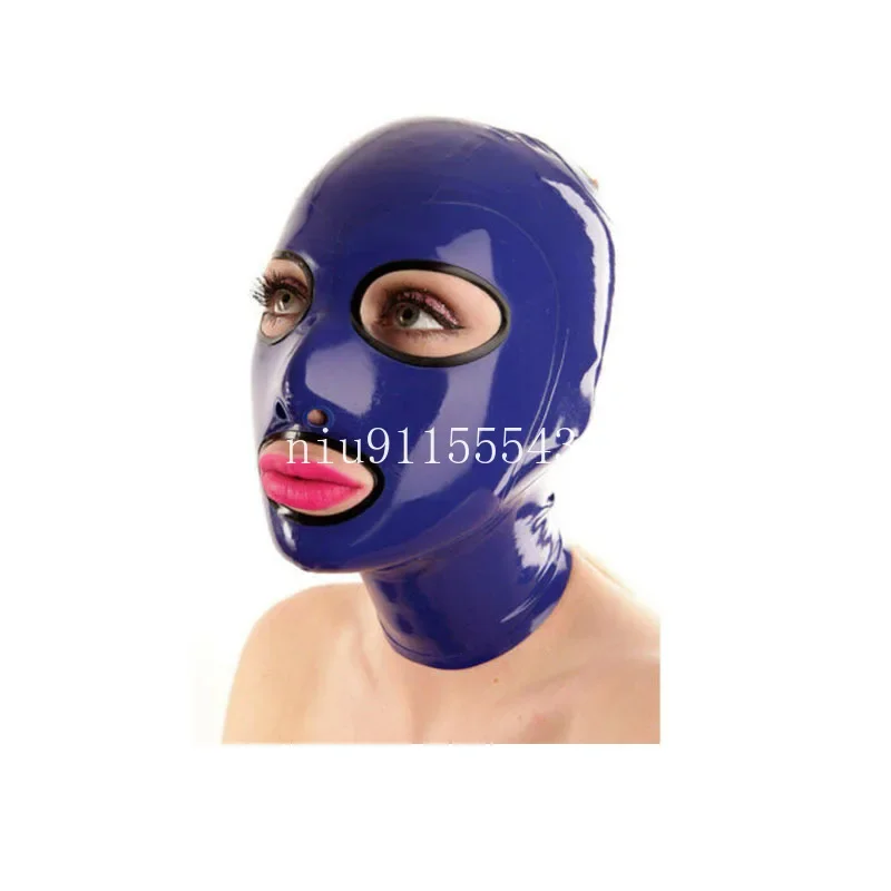 Blue Latex Hood Rubber Mask Open Eyes and Mouth with Black Trim Back Zip for Fetish Catsuit Party Halloween