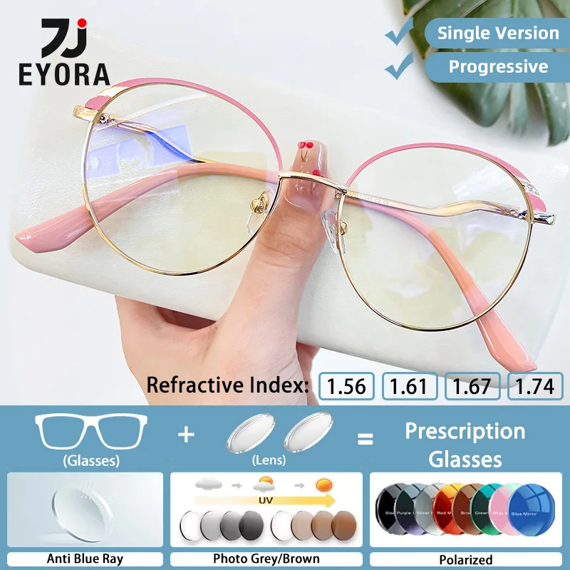 

EYORA Fashion Metal Round Full Rim Reading Glasses Myopia Eyewear Hyperopia Anti Blue Ray Progressive Photochromic Eyewear Lens