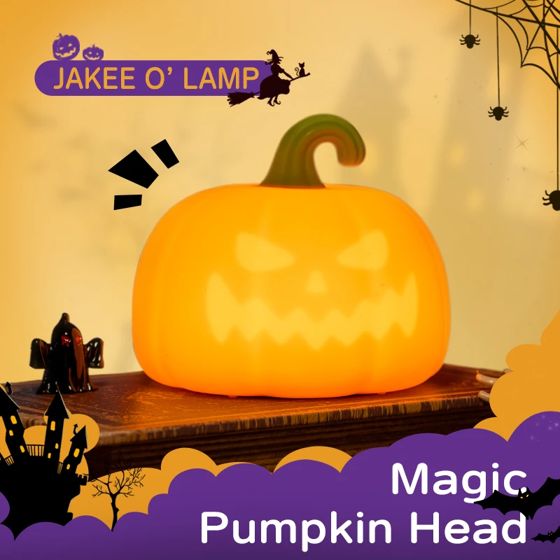 

Cute Bedside Tap Activated Halloween Ambient Lighting Lantern Magic Pumpkin Head Night Light for Gift