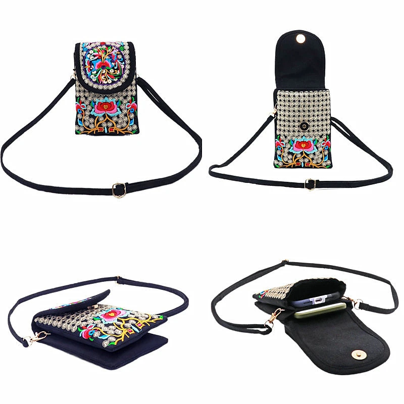 Lady Cell Phone Bag Crossbody Shoulder Wallet Purse Handbag Pouch Ethnic Style Embroidered Bag Flip Canvas Bag Retro Small Bolsa