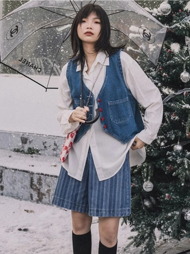 

Vests Women Loose Students Simple Daily V-neck Trendy Denim Retro Spring Leisure Designer Korean Style Basic All-match Cozy Chic