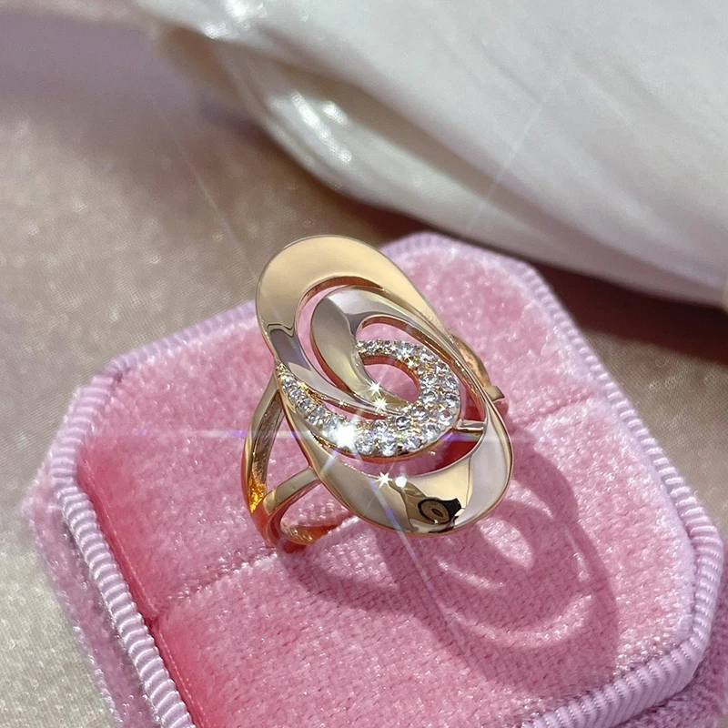 New Fashion 585 Rose Gold Big Rings for Women Fine Daily Party  Jewelry Unusual Geometry Natural Zircon Ring Wedding Jewelry