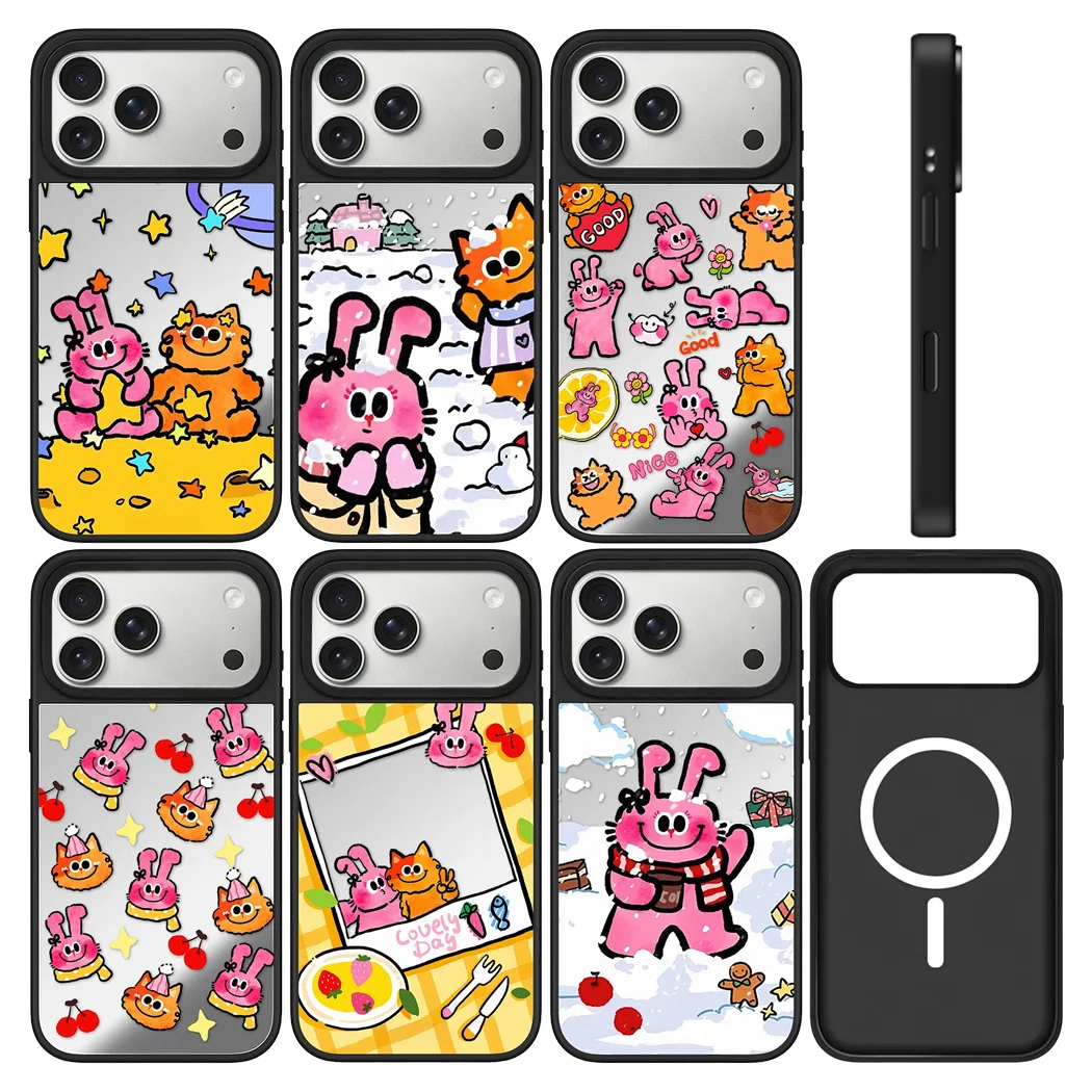 

Christmas Rabbit Cat Pattern Mirror Surface Magnetic Phone Case Cover for IPhone 13 14 15 16 17 Pro Max Case for IPhone 17 Air