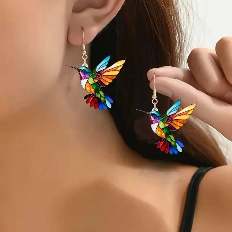 Fashion Colorful Bird Earrings Spring Vintage Acrylic Magpie Parrot Shape Pendant Earrings for Party Vacations