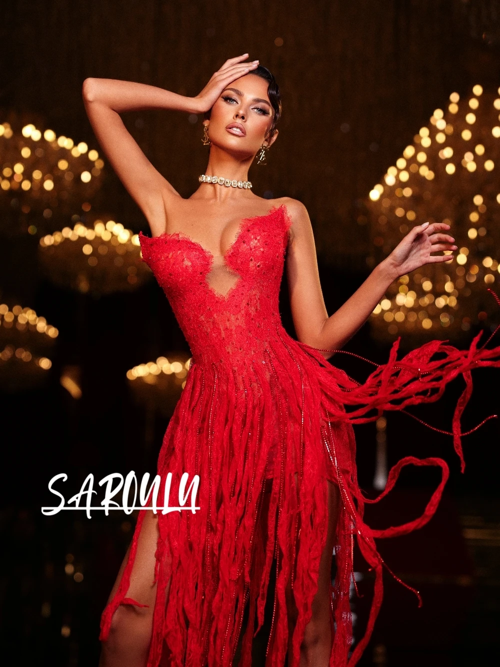 

Sexy Red Deep V Neck Tassel Evening Dress Stunning High Slit Lace Sparkly Party Gown For Women's Prom Cocktail Customized