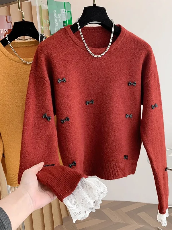 

Красный круглый свитер Ne Lace Splice Sve Knot большого размера, модный молодежный топ для женщин, повседневный свободный крой, зима