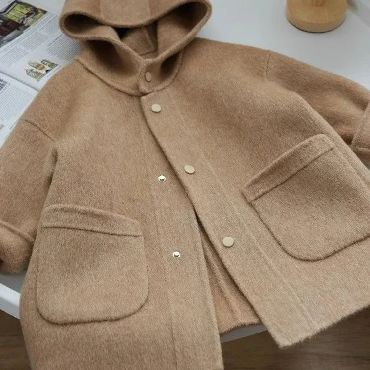 Children\'s Clothing 2023 Autumn winter New Camel Colored Double-sided Hooded Coat Children\'s Stylish Medium Length Woolen Coat